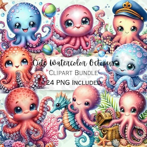 Cute Watercolor Octopus Clipart Bundle, Adorable Nursery Decor, Sea Creature Baby Wall Art, Marine Life Stickers, 24 PNG Illustrations