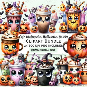 May include: A set of 24 digital clipart images featuring cute watercolor Halloween drinks. The drinks are in various cups and mugs, decorated with Halloween themes like pumpkins, bats, and ghosts. The images are perfect for creating Halloween-themed crafts, cards, and party decorations.