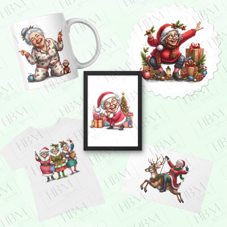 Funny Watercolor Christmas Old Lady Clipart Bundle, Whimsical Grandma