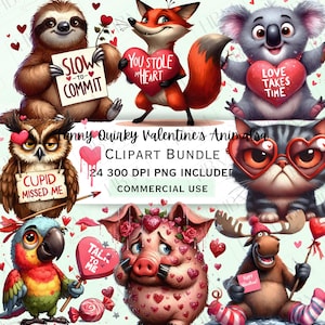Bundle de cliparts animaux drôles aquarelle originale de la Saint-Valentin, Adorable graphique idiot, coeur d'amour lunatique PNG pour sublimation, usage Commercial