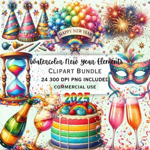 Pacote de clipart de elementos de ano novo em aquarela, gráficos de festa coloridos de 2025, PNG de celebração festiva para convites, uso comercial