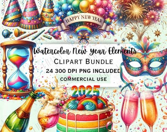 Watercolor New Years Elements Clipart Bundle, 2025 Colorful Party Graphics, Festive Celebration PNG for Invitations, Commercial Use