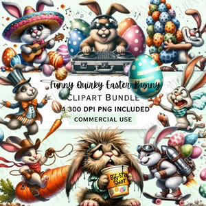Bundle de cliparts original drôle de lapin de Pâques, autocollants fantaisistes de lapin, adorable animal aquarelle PNG pour décorations, usage Commercial