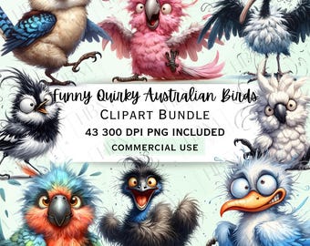Funny Australian Bird Clipart Bundle, Watercolor Quirky Animal PNG, Cute Wildlife Characters, Transparent Background, Commercial Use