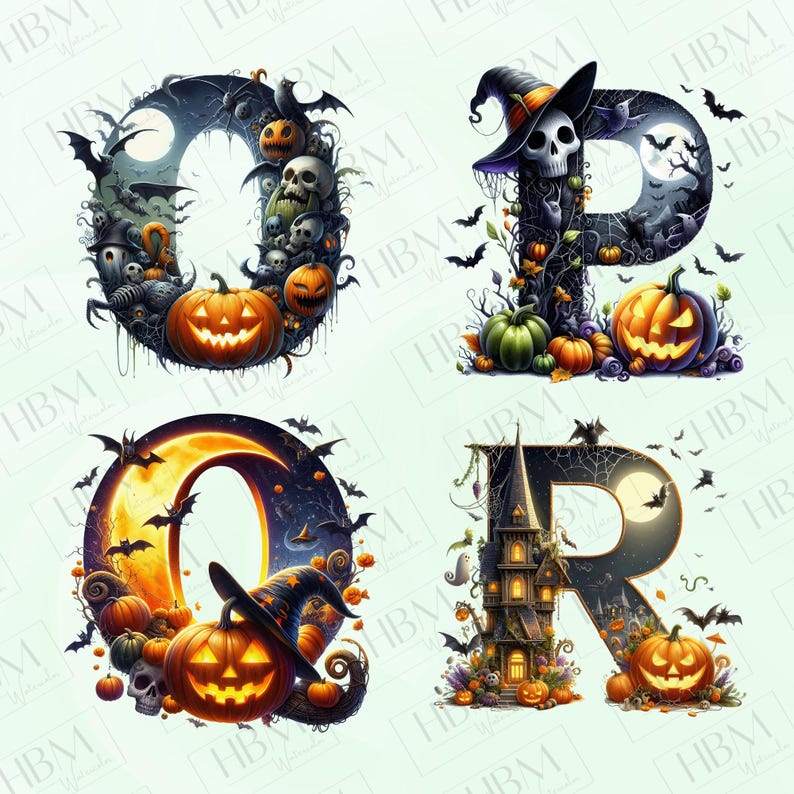 Watercolor Halloween Letters Clipart Bundle, Whimsical Gothic Graphics ...