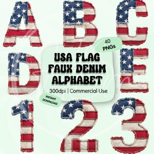May include: A digital graphic featuring the letters A, B, C, D, E, and the numbers 1, 2, and 3. Each character is designed with a faux denim texture, incorporating the American flag's red, white, and blue colors. The text "USA FLAG FAUX DENIM ALPHABET" is also present.
