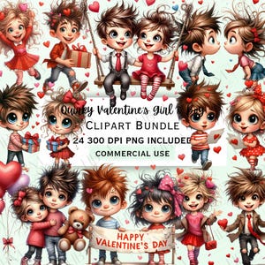 Paquete de imágenes prediseñadas de niños y niñas de San Valentín con acuarela divertida, calcomanías infantiles divertidas, adorables corazones de amor PNG para decoración, uso comercial
