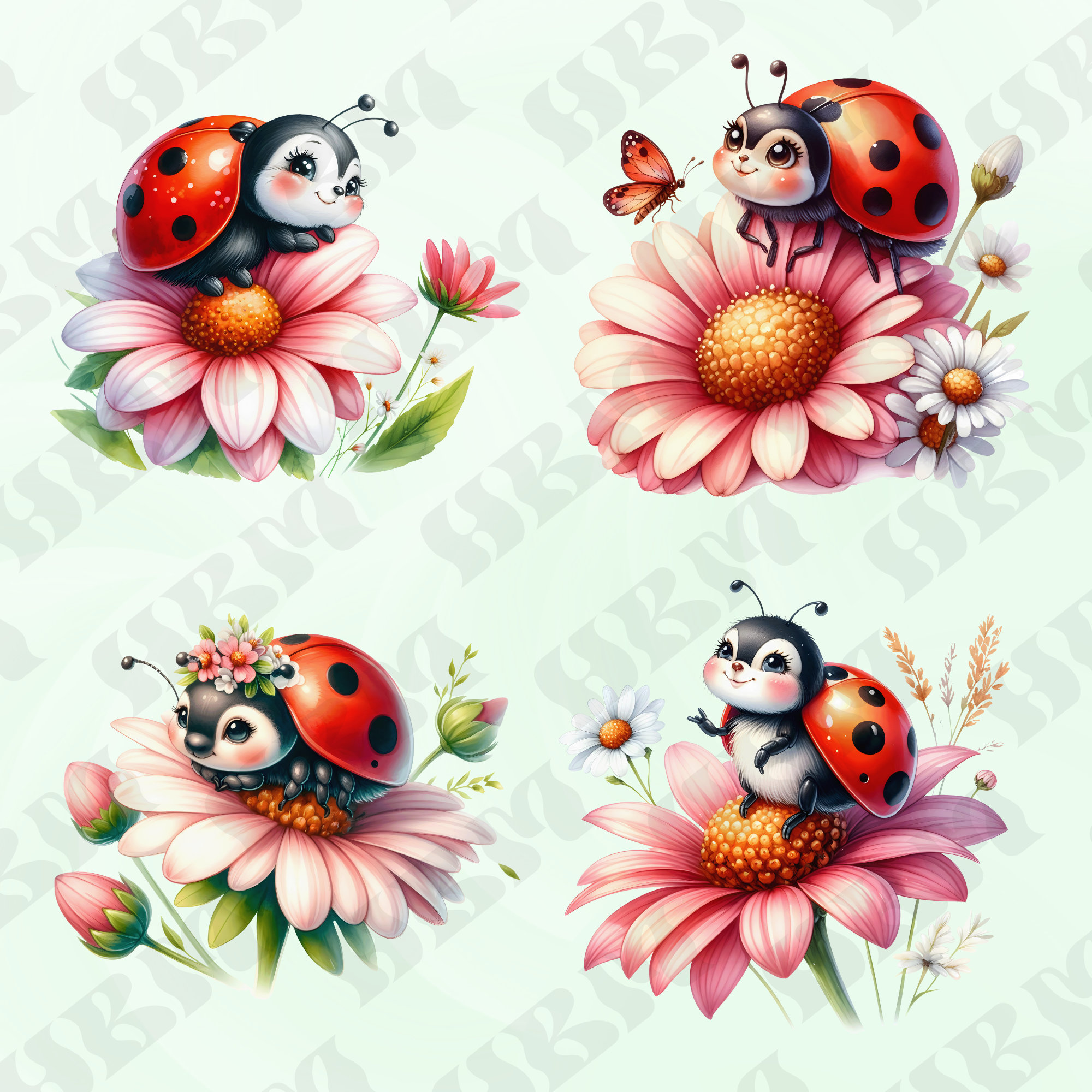 Cute Watercolor Lady Bugs Clipart Bundle, Beetle Nursery Decor, Flowers ...