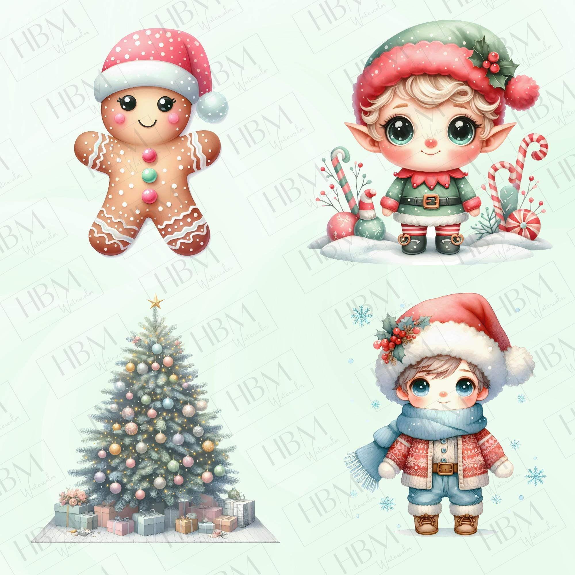 Cute Watercolor Pastel Christmas Clipart Bundle, Adorable Snowman ...