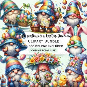Niedliches Aquarell Osterzwerge Clipart Bundle, festliche Häschenkunst, entzückende wunderliche Frühling PNG für Sublimation, kommerzielle Nutzung