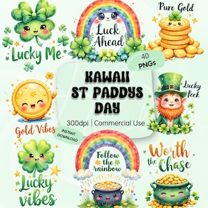 Pode incluir: Ilustração digital com temas do Dia de São Patrício. A imagem inclui um arco-íris, um duende, trevos e potes de ouro. O texto inclui "Luck Ahead", "Lucky Me", "Gold Vibes", "Lucky Vibes", "Follow the rainbow" e "Worth the Chase".