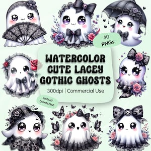Pode incluir: Uma imagem de arte digital com várias ilustrações em aquarela de fantasmas góticos fofos. Cada fantasma é branco com detalhes em renda preta, laços e decorações florais. A imagem inclui o texto "Watercolor Cute Lacey Gothic Ghosts."