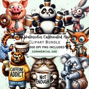 Quirky Watercolor Sleepy Quirky Animals Clipart Bundle, Adesivo caffè stanco, Sciocco stravagante animale domestico PNG per inviti, Uso commerciale