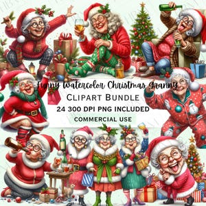 Funny Watercolor Christmas Old Lady Clipart Bundle, Whimsical Grandma Stickers, Adorable Festive PNG for Decorations, Commercial Use