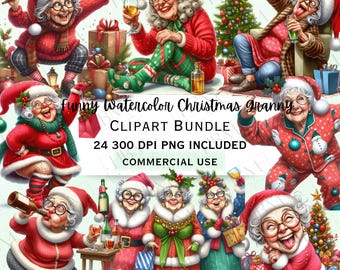 Funny Watercolor Christmas Old Lady Clipart Bundle, Whimsical Grandma Stickers, Adorable Festive PNG for Decorations, Commercial Use
