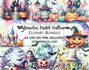 May include: A set of 24 watercolor pastel Halloween clipart images. The images feature a variety of Halloween themes, including pumpkins, witches, castles, and moons. The images are perfect for use in digital scrapbooking, card making, and other craft projects.