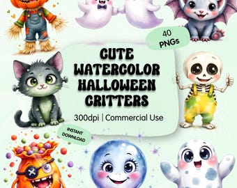 Cute Halloween Critters Clipart Bundle, Watercolor Monster Ghost PNGs, Witch Cat Skeleton Art, Spooky Kids Graphics, Commercial Use