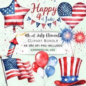 Pacote de clipart de elementos do 4 de julho, chapéu com bandeira de fogos de artifício dos EUA em aquarela PNG, gráfico de balões patrióticos, arte do Dia da Independência, uso comercial