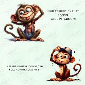 May include: Digital art featuring two cartoon monkeys. One monkey is wearing a red shirt and denim overalls, sticking out its tongue. The other monkey is wearing a blue cap. Text reads "HIGH RESOLUTION FILES 300DPI 4000 PX X4000PX" and "INSTANT DIGITAL DOWNLOAD FULL COMMERCIAL USE."