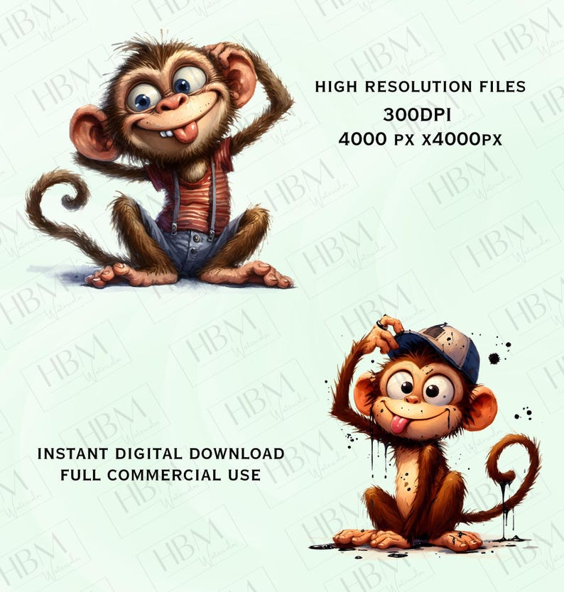May include: Digital art featuring two cartoon monkeys. One monkey is wearing a red shirt and denim overalls, sticking out its tongue. The other monkey is wearing a blue cap. Text reads "HIGH RESOLUTION FILES 300DPI 4000 PX X4000PX" and "INSTANT DIGITAL DOWNLOAD FULL COMMERCIAL USE."