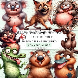 Lustige Aussie Tiere Clipart Bundle, Aquarell schrullige Säugetiere PNG, Aussie Wildtier Charaktere, transparenten Hintergrund, kommerzielle Nutzung