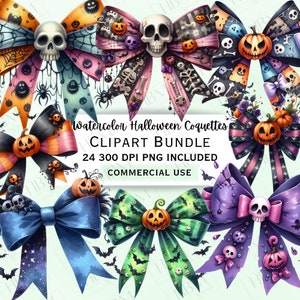 May include: A set of 24 digital watercolour Halloween bow clip art images. The bows are in various colours and feature spooky designs like skulls, pumpkins, bats, and spiders. The text "Watercolor Halloween Coquettes CLIPART BUNDLE 24 300 DPI PNG INCLUDED COMMERCIAL USE" is displayed on the image.