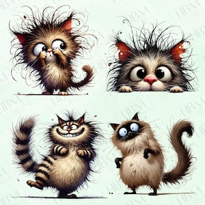 May include: Four cartoon cats with different expressions and poses. The cats have messy fur and large eyes. The cats are on a light blue background.