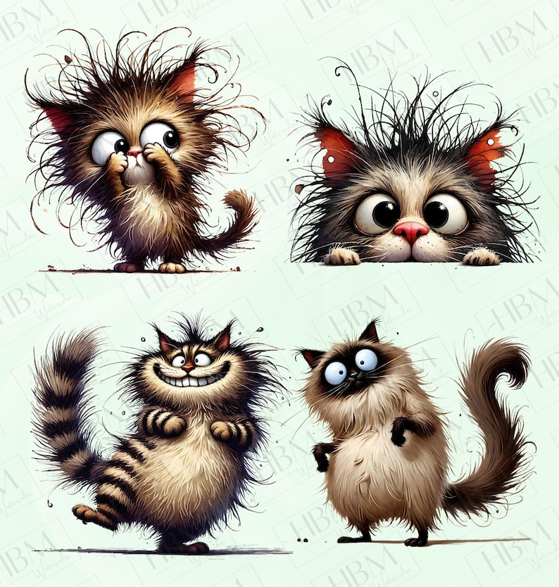 May include: Four cartoon cats with different expressions and poses. The cats have messy fur and large eyes. The cats are on a light blue background.