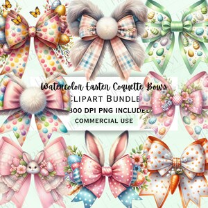 May include: A set of watercolour Easter coquette bows with bunny ears, polka dots, and pastel colours. The bows are decorated with Easter eggs, flowers, and a carrot. The text "Watercolor Easter Coquette Bows" is written in a decorative font. The text "Clipart Bundle" is written in a decorative font. The text "300 DPI PNG Included" is written in a decorative font. The text "Commercial Use" is written in a decorative font.
