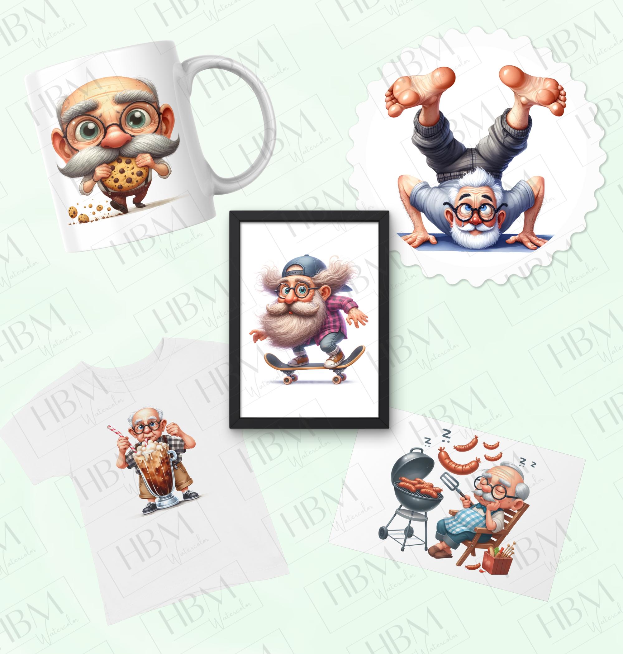 Funny Quirky Grandpa Clipart Bundle, Retro Senior Watercolor PNG, Cute ...