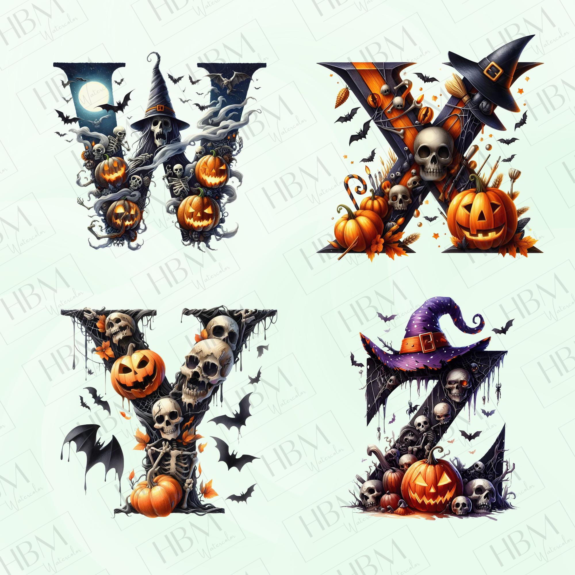 Watercolor Halloween Letters Clipart Bundle, Whimsical Gothic Graphics ...