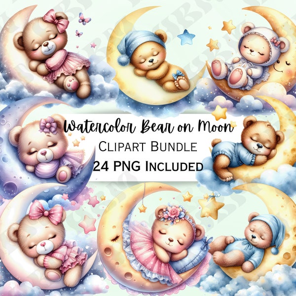 Watercolor Bear on Moon Clipart Bundle, Cute Teddy Nursery Decor, Sleeping Baby Wall Art, Infant Shower, 24 Dreamy PNG Designs