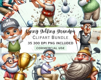 Funny Quirky Golfing Grandpa Clipart Bundle, Watercolor Old Man Sticker, Whimsical Sarcastic Seniors PNG for Invitations, Commercial Use