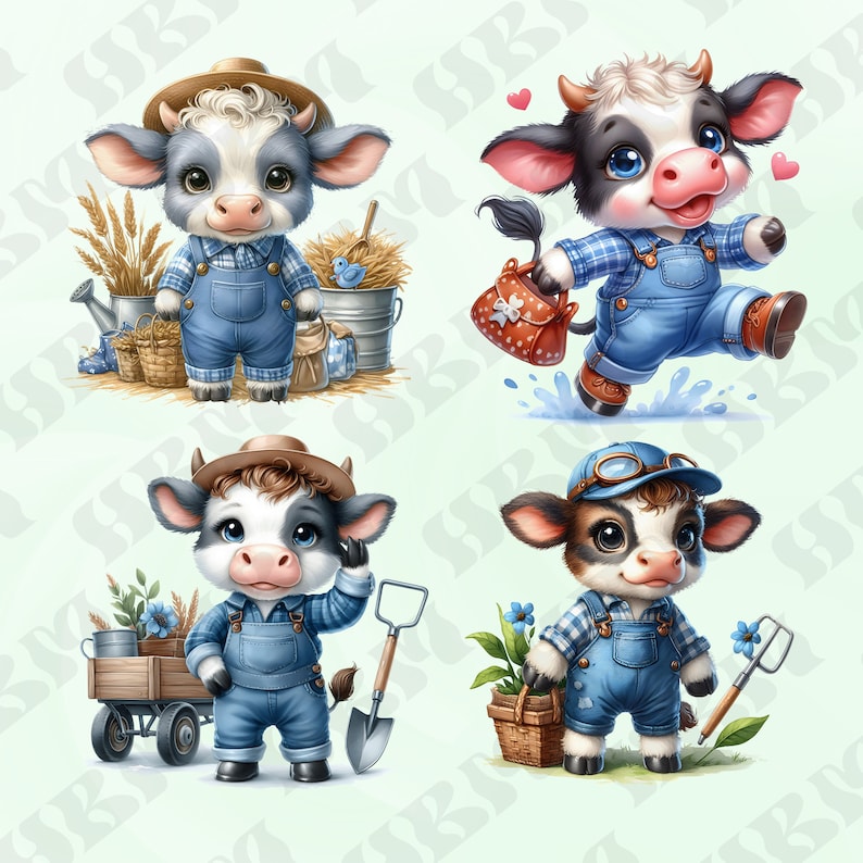 Funny Cute Watercolor Farm Cows Clipart Bundle, Whimsical Animals ...