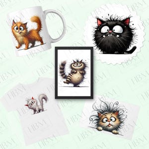 May include: A set of four different products featuring humorous illustrations of cats. The set includes a white mug with a red cat, a white t-shirt with a white cat, a framed print with a brown and white cat, and a white coaster with a black cat.