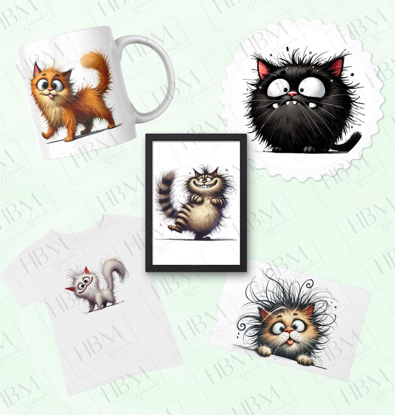May include: A set of four different products featuring humorous illustrations of cats. The set includes a white mug with a red cat, a white t-shirt with a white cat, a framed print with a brown and white cat, and a white coaster with a black cat.