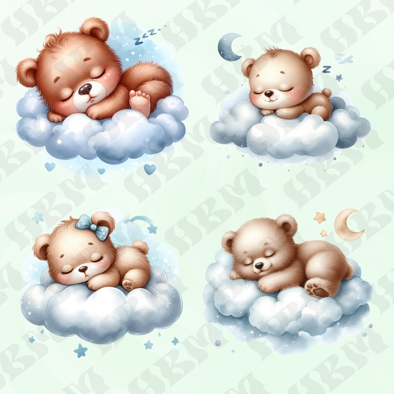 Cute Watercolor Sleeping Bear Clipart Bundle, Teddy Nursery Decor ...