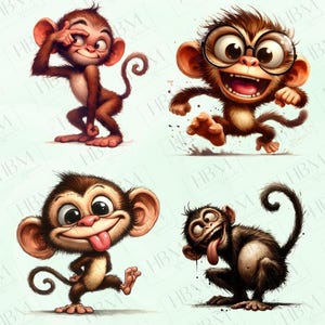 May include: Four cartoon monkeys in various poses. One monkey is looking coy, another is running with glasses, a third is sticking out its tongue, and the last is making a silly face. The monkeys are brown with light skin and are on a light green background.