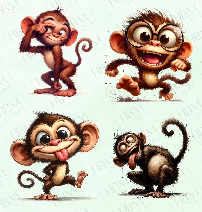 May include: Four cartoon monkeys in various poses. One monkey is looking coy, another is running with glasses, a third is sticking out its tongue, and the last is making a silly face. The monkeys are brown with light skin and are on a light green background.