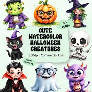 May include: A selection of adorable watercolour Halloween characters. The image features a Frankenstein's monster, a pumpkin with glasses, a witch, a black cat, a skeleton, a vampire, a ghost, and a purple monster. Text reads "Cute Watercolor Halloween Creatures".