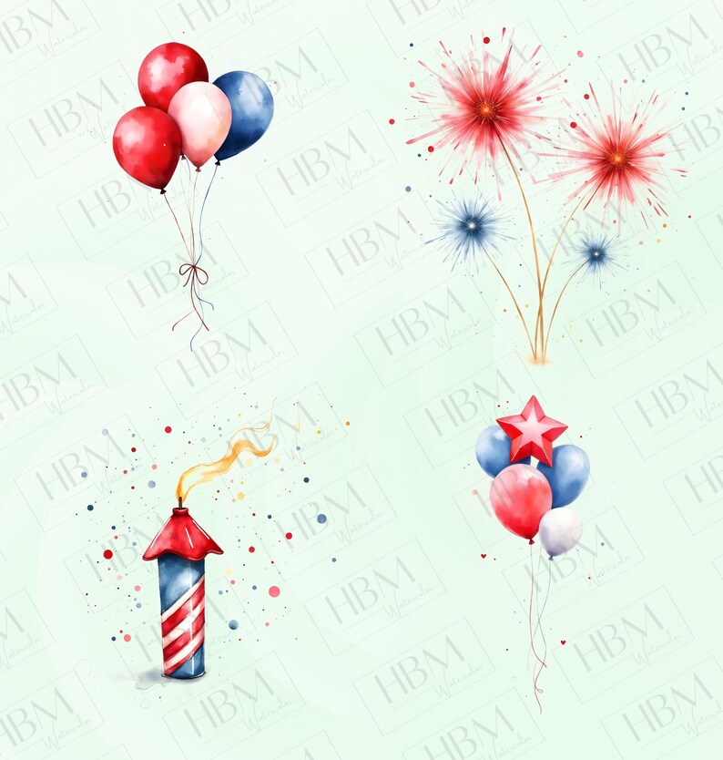 4th of July Elements Clipart Bundle, Watercolor USA Fireworks Hat Flag ...