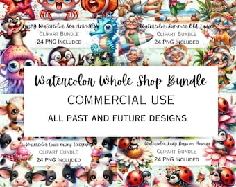 Whole Shop Mega Watercolor Clipart Bundle, Commercial Licence, Adorable Characters, Whimsical PNGs for Sublimation, Digital Download