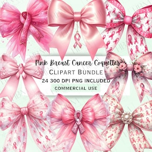 Paquete de imágenes prediseñadas de coqueta de cáncer de mama en acuarela rosa, gráficos de cinta floral, lazo de lucha como una niña PNG para decoración, uso comercial