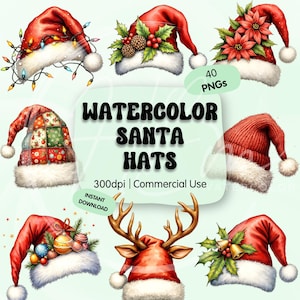 Op de afbeelding: Waterverf Santa-hoeden in verschillende ontwerpen. De afbeelding toont rode hoeden met witte bontafwerking, versierd met kerstverlichting, poinsettia's en andere feestelijke elementen. De tekst "Watercolor Santa Hats" is ook zichtbaar.