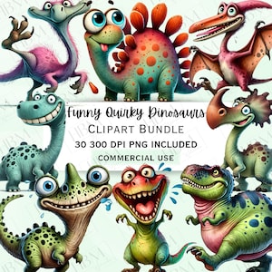 Lustige Aquarell schrullige Dinosaurier Clipart Bündel, Jurrasic Kreatur Aufkleber, verrückte wunderliche prähistorische PNG für Einladungen, kommerzielle Nutzung