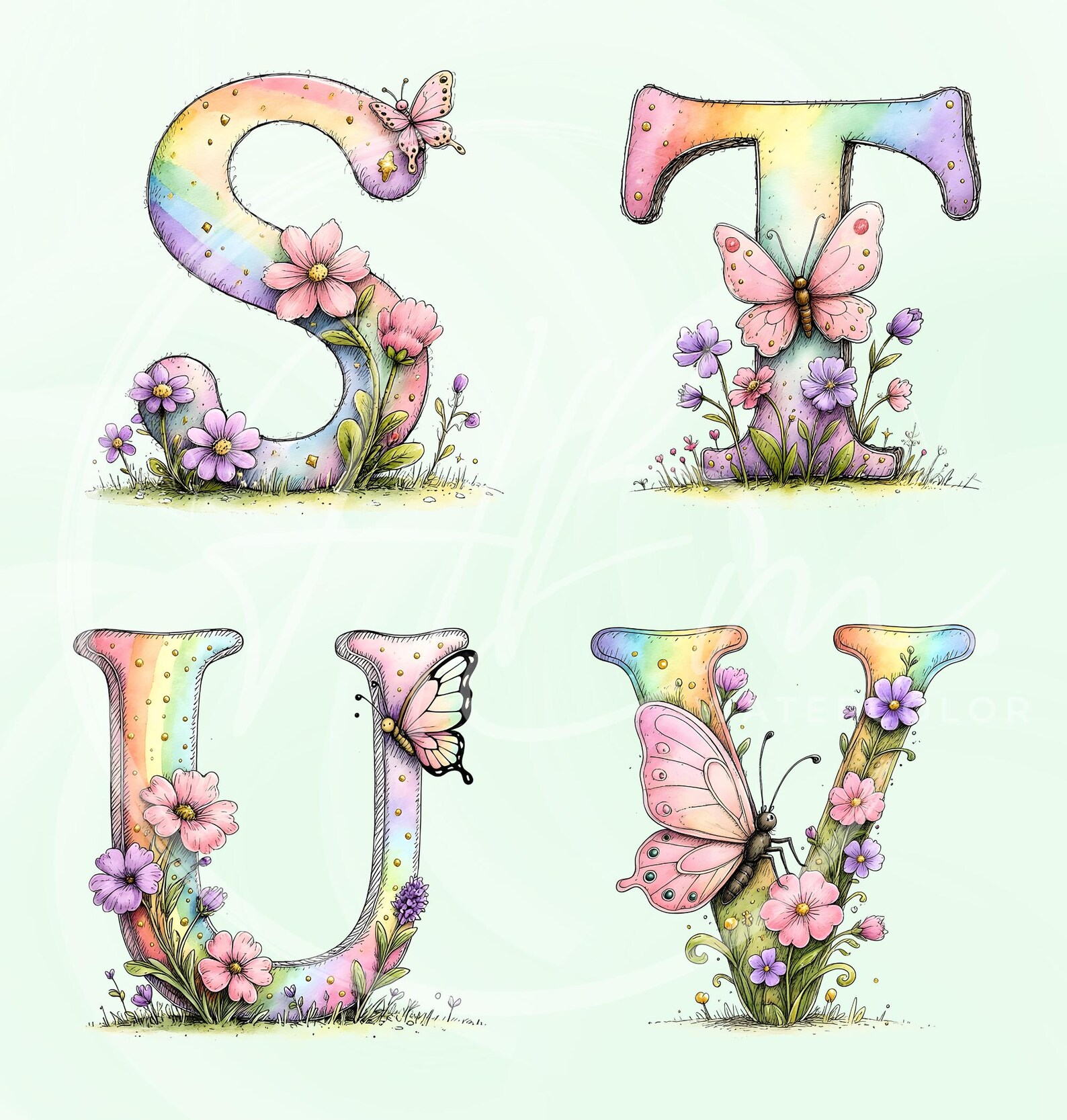 Whimsical Spring Floral Alphabet Clipart Bundle, Pastel Butterfly ABC ...