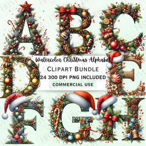 Paquete de imágenes prediseñadas de letras navideñas en acuarela, gráficos navideños extravagantes, adorable alfabeto festivo con monograma PNG para decoraciones, uso comercial