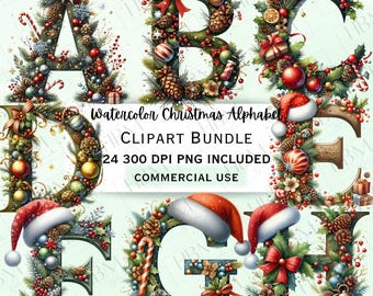 Watercolor Christmas Letters Clipart Bundle, Whimsical Xmas Graphics, Adorable Festive Monogram Alphabet PNG for Decorations, Commercial Use