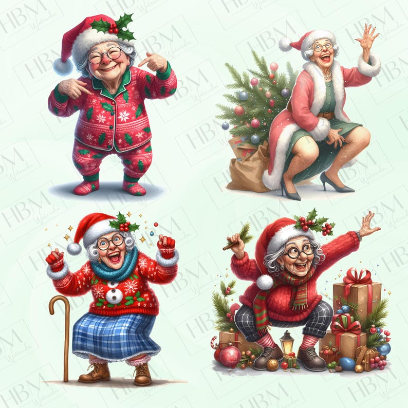 Funny Watercolor Christmas Old Lady Clipart Bundle, Whimsical Grandma