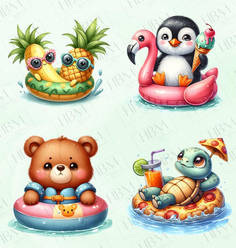 Funny Cute Pool Float Clipart Bundle, Cute Animal Graphics, Kawaii ...